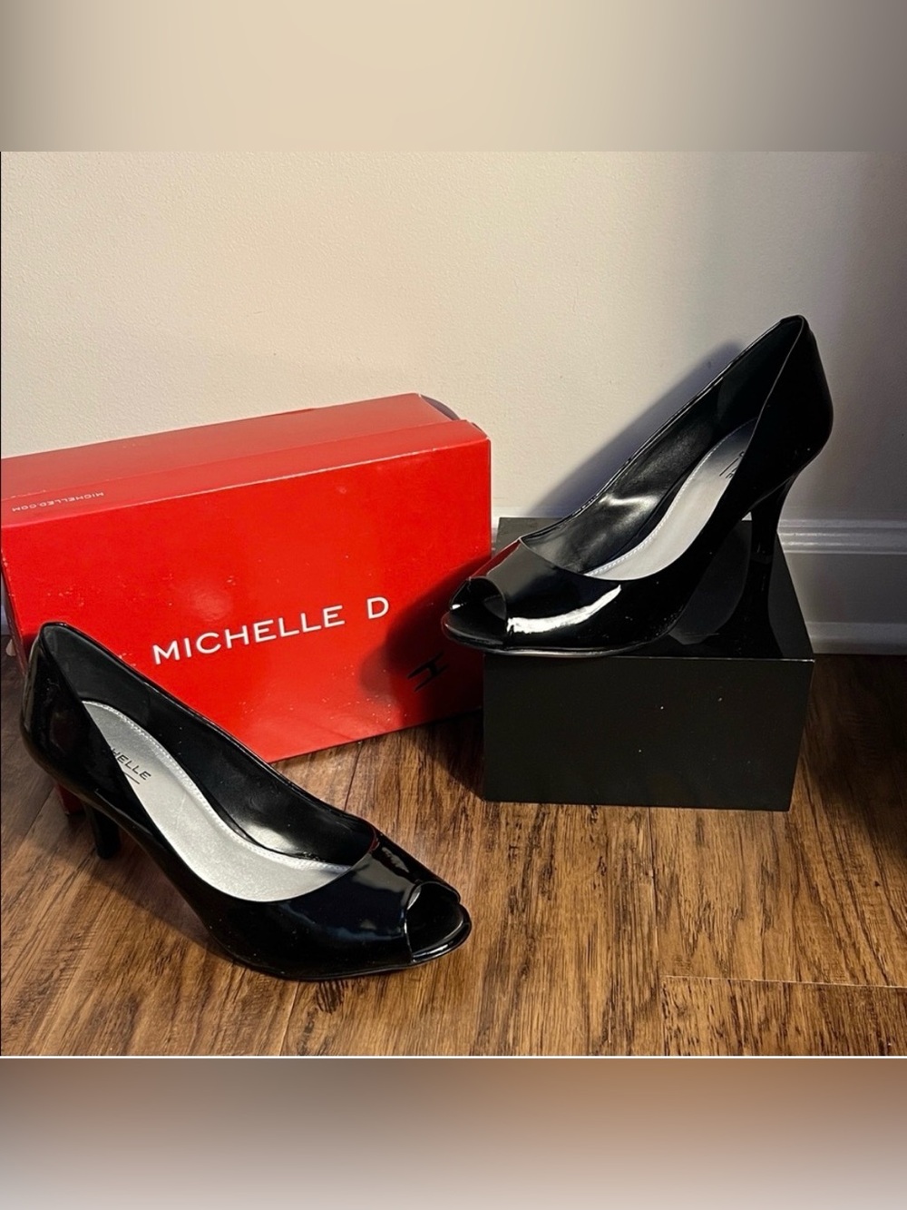 Michelle D Black Patent Peep-Toe Heels
